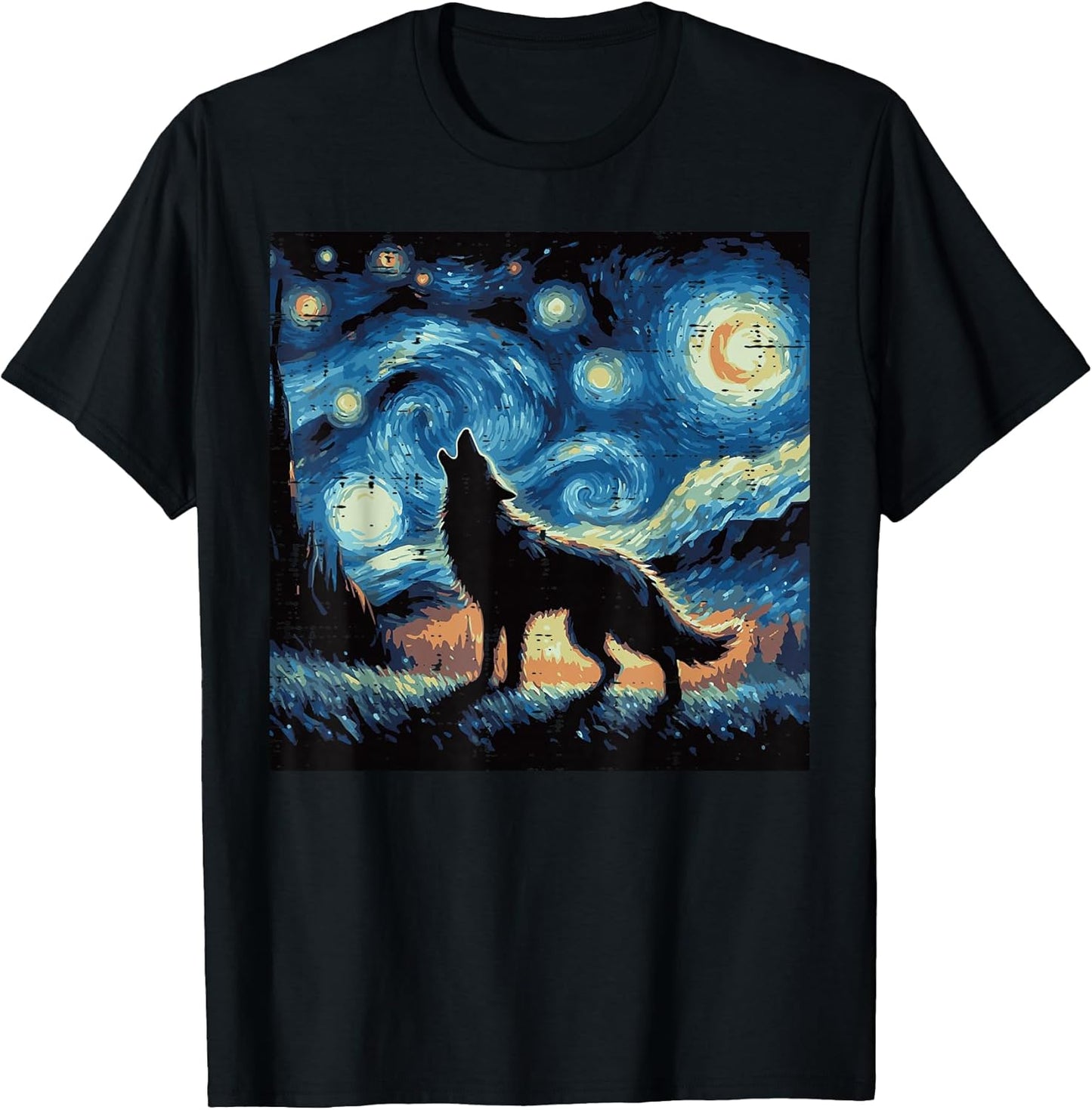 Wolf Starry Night Van Gogh Funny Art Meme Men Women Kids T-Shirt
