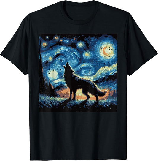 Wolf Starry Night Van Gogh Funny Art Meme Men Women Kids T-Shirt