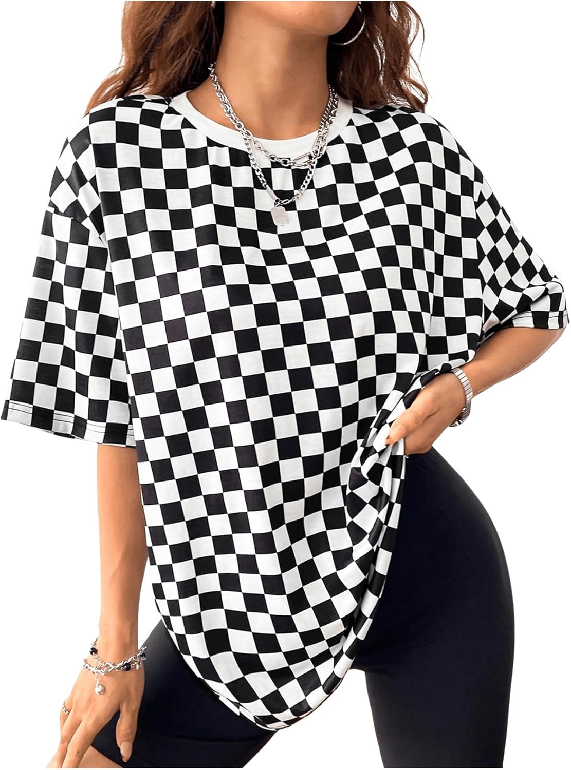 Women's Checkered Crew Neck Short Sleeve T Shirt Loose Fit Street Tops