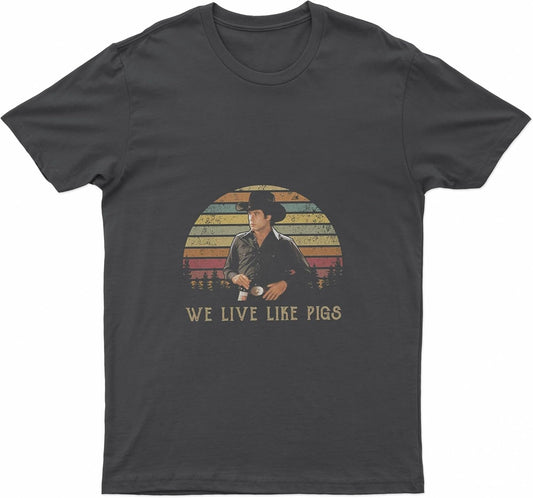 Urban boycow John Travolta Vintage Retro T-Shirt - Funny T-Shirt - Classic Movie Shirt - We Live Like Pigs T-Shirt Black
