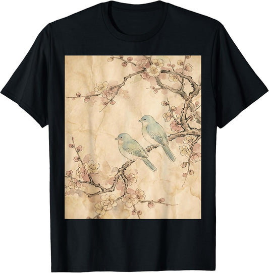 Sakura Blossom Birds Japanese Ink Painting Art T-Shirt