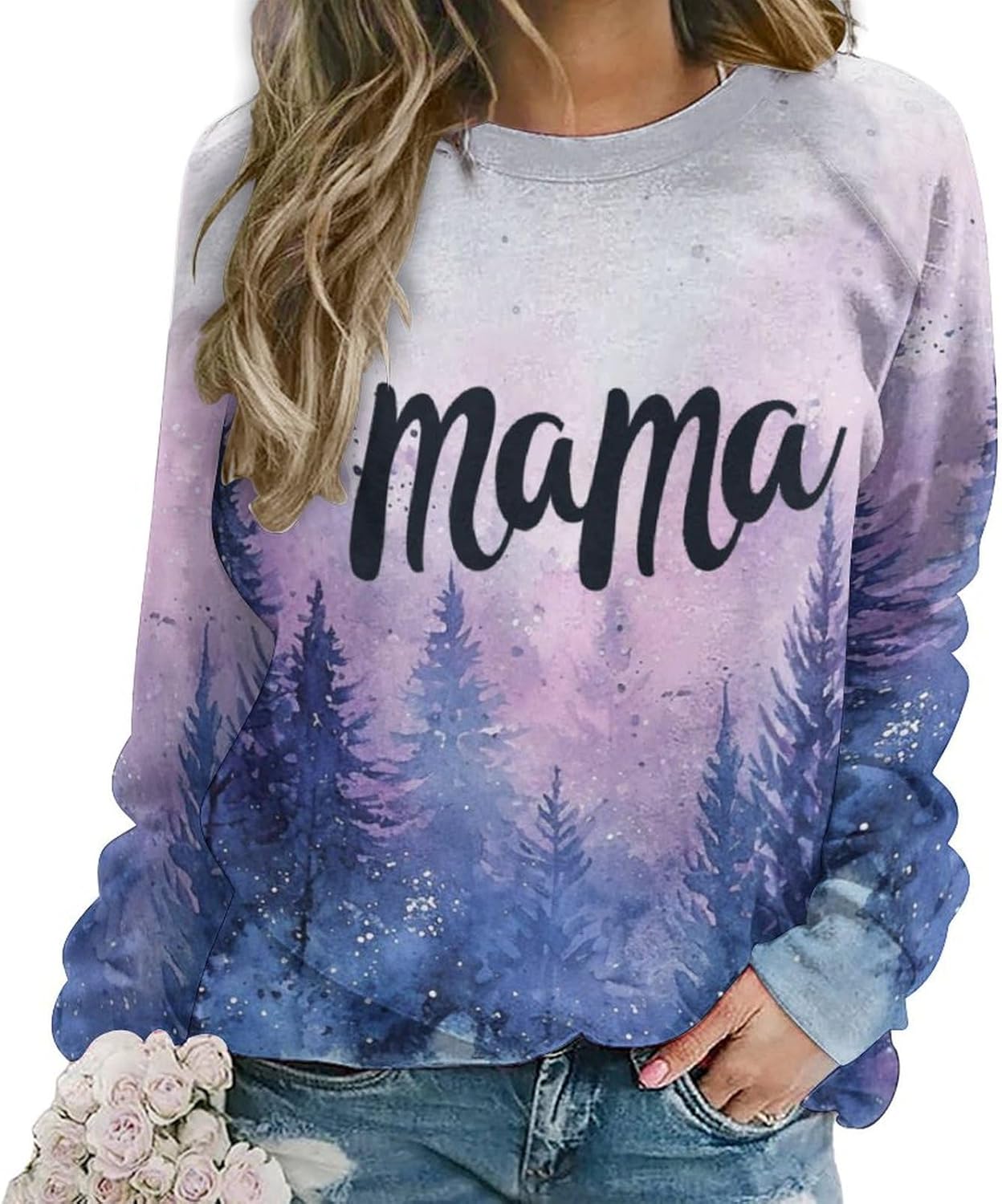 Mama Tie Dye Sweatshirts for Women Fashion Crewneck Pullover Tops Fall Casual Retro Forest Graphic Long Sleeve Shirts