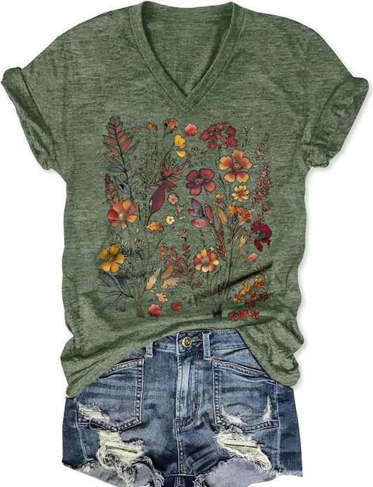 Vintage Flowers V Neck Shirt for Women Boho Floral Wildflowers Graphic Tee Casual Summer Vacation Beach Short Sleeve T Shirt