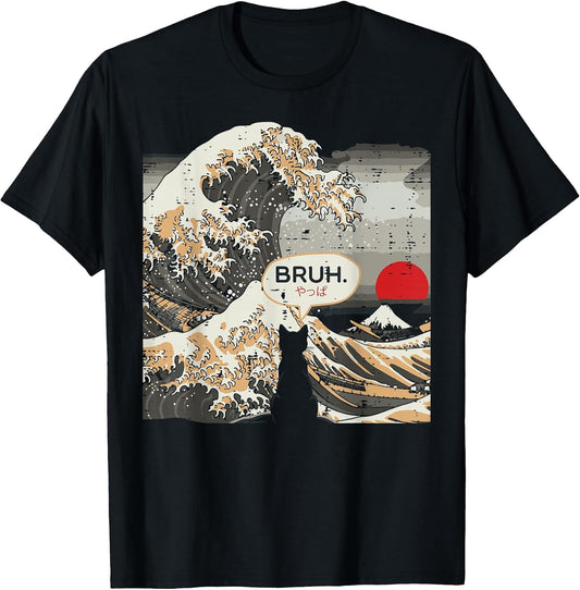 Japanese Great Wave Black Cat Bruh Funny Art Men Women Kids T-Shirt
