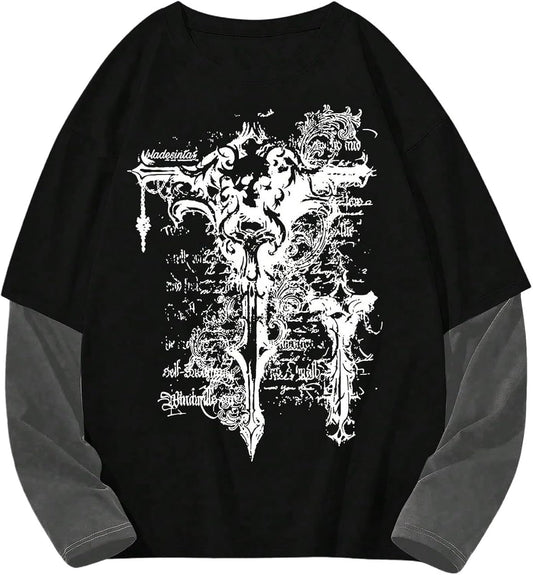 Men's Graphic Tees Y2K Gothic Tops Long Sleeve Crewneck Color Block 2 in 1 T Shirt Vintage Streetwear Clothes