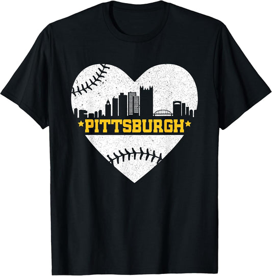 Pittsburgh Lovers Skyline Retro Baseball Heartbeat Men Women T-Shirt