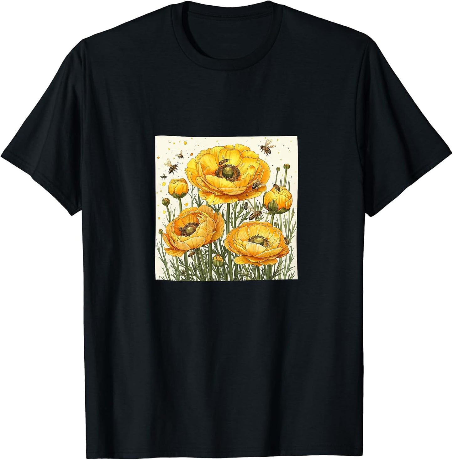 Ranunculus Flower Blooming With Bees Around Merch