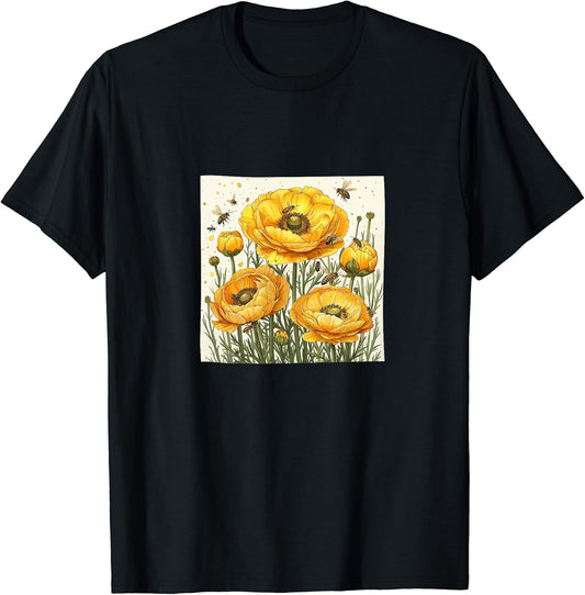 Ranunculus Flower Blooming With Bees Around Merch