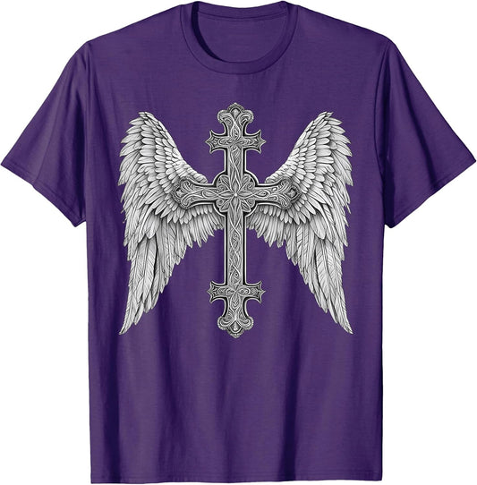 Gothic Cross and Angle Wings Graphic Punk Style Mens Womens T-Shirt