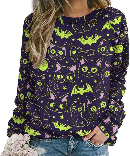 Oversized Long Sleeve Halloween Sweatshirts for Women Cute Ghost Graphic Shirts Crewneck Loose Fit Pullover Sweatshirt