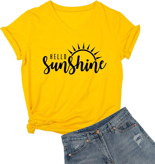 Womens Hello Sunshine Shirt Summer Short Sleeve V-Neck Graphic T-Shirt Nature Shirt Tops Tees