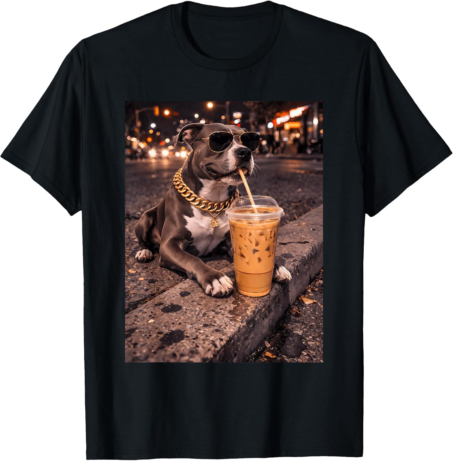 Funny Cool Pitbull Dog Drinking Iced Coffee Animal Lover T-Shirt