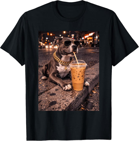 Funny Cool Pitbull Dog Drinking Iced Coffee Animal Lover T-Shirt