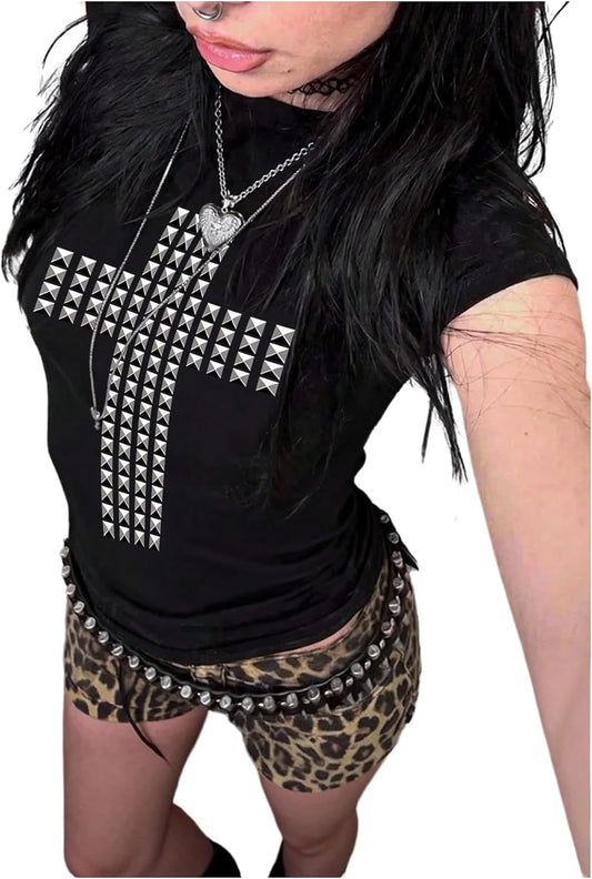 Women's Y2k Gothic Cross Graphic Tees Short Sleeve Crew Neck Punk T Shirt Going Out Tops Streetwear