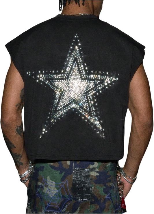 Men's Glitter Rhinestone Shirt Star Tank Top Crewneck Cap Sleeve Vest Tops Streetwear