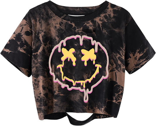Tie Dye Shirt Women Ripped Short Sleeve Crop Tops Distressed Cropped T Shirts for Concert Halloween Goth Rock