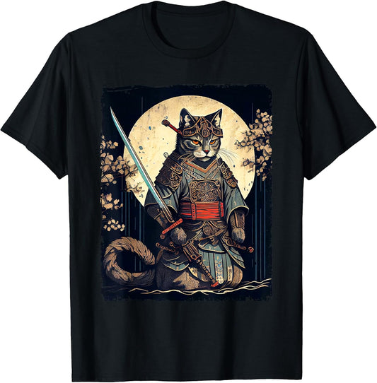 Vintage Samurai cat tee Japanese Ninja Art Aesthetic T-Shirt