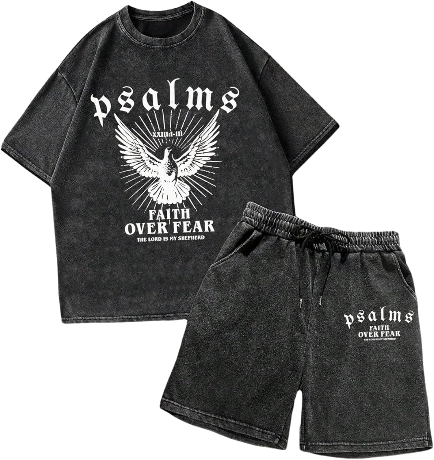 Men's Y2k 2 Piece Vintage Outfits Punk Grunk Graphic Wash Short Sleeve T-Shirt and Drawstring Shorts Streetwear