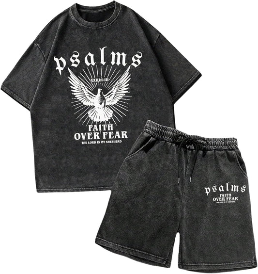 Men's Y2k 2 Piece Vintage Outfits Punk Grunk Graphic Wash Short Sleeve T-Shirt and Drawstring Shorts Streetwear