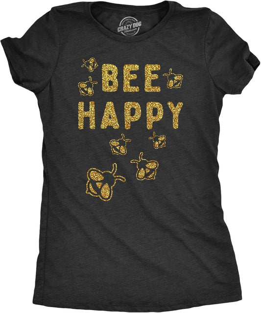 Womens Bee Happy Glitter T Shirt Cute Earth Day Bee Graphic Novelty Tee for Ladies