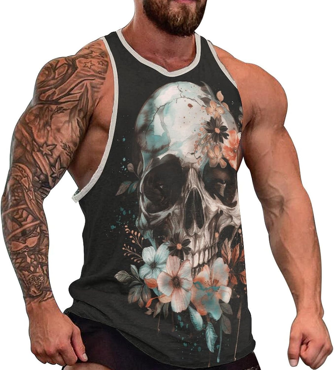Graphic Tees for Men Skull Tank Tops for Men Sleeveless Cotton Shirts for Men Over Sized Cutoff Shirts for Men Quick Dry Bodybuilding Tank Tops for Men Muscle Shirts 2XL