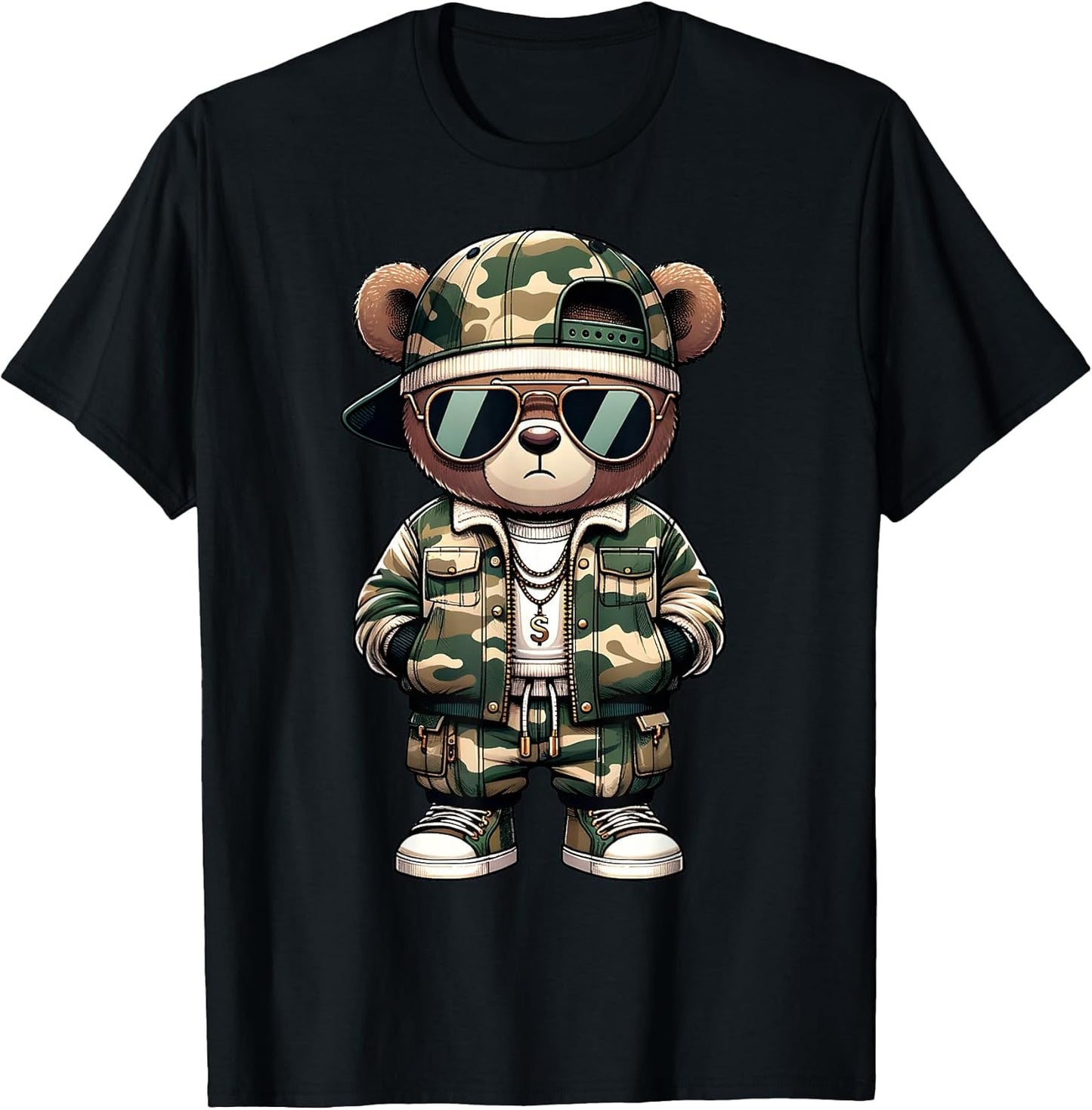 Camo Hip Hop Teddy Bear Camouflage Gangsta Streetwear Hustle T-Shirt