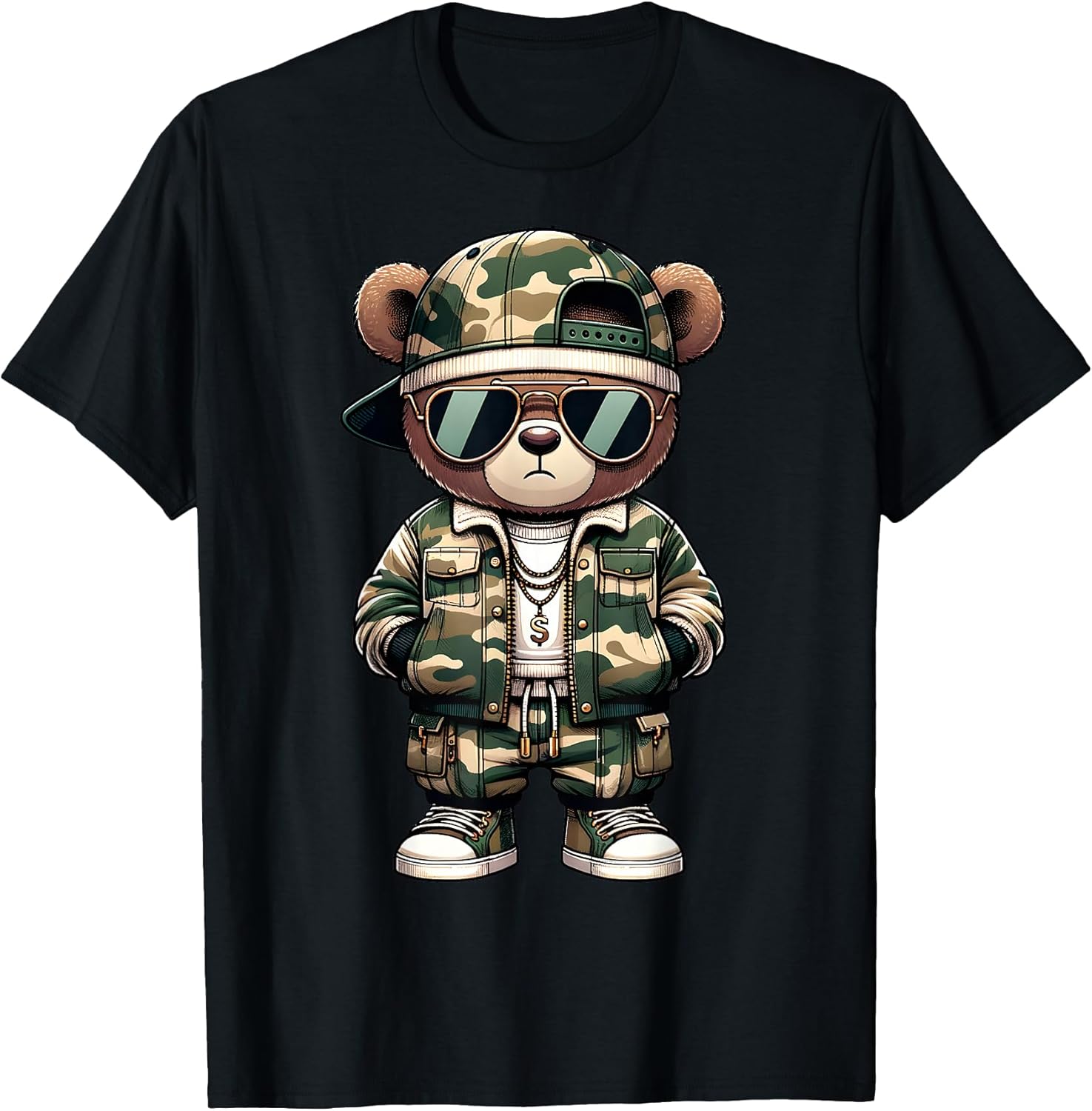 Camo Hip Hop Teddy Bear Camouflage Gangsta Streetwear Hustle T-Shirt