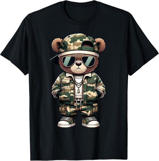 Camo Hip Hop Teddy Bear Camouflage Gangsta Streetwear Hustle T-Shirt