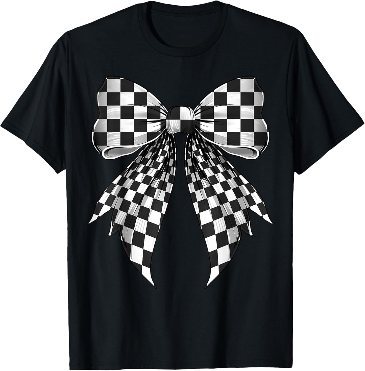 Coquette Bow Black White Checkered Pattern T-Shirt