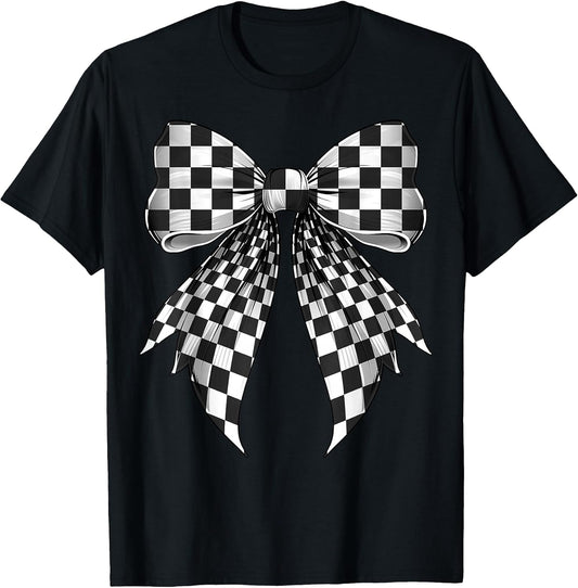 Coquette Bow Black White Checkered Pattern T-Shirt