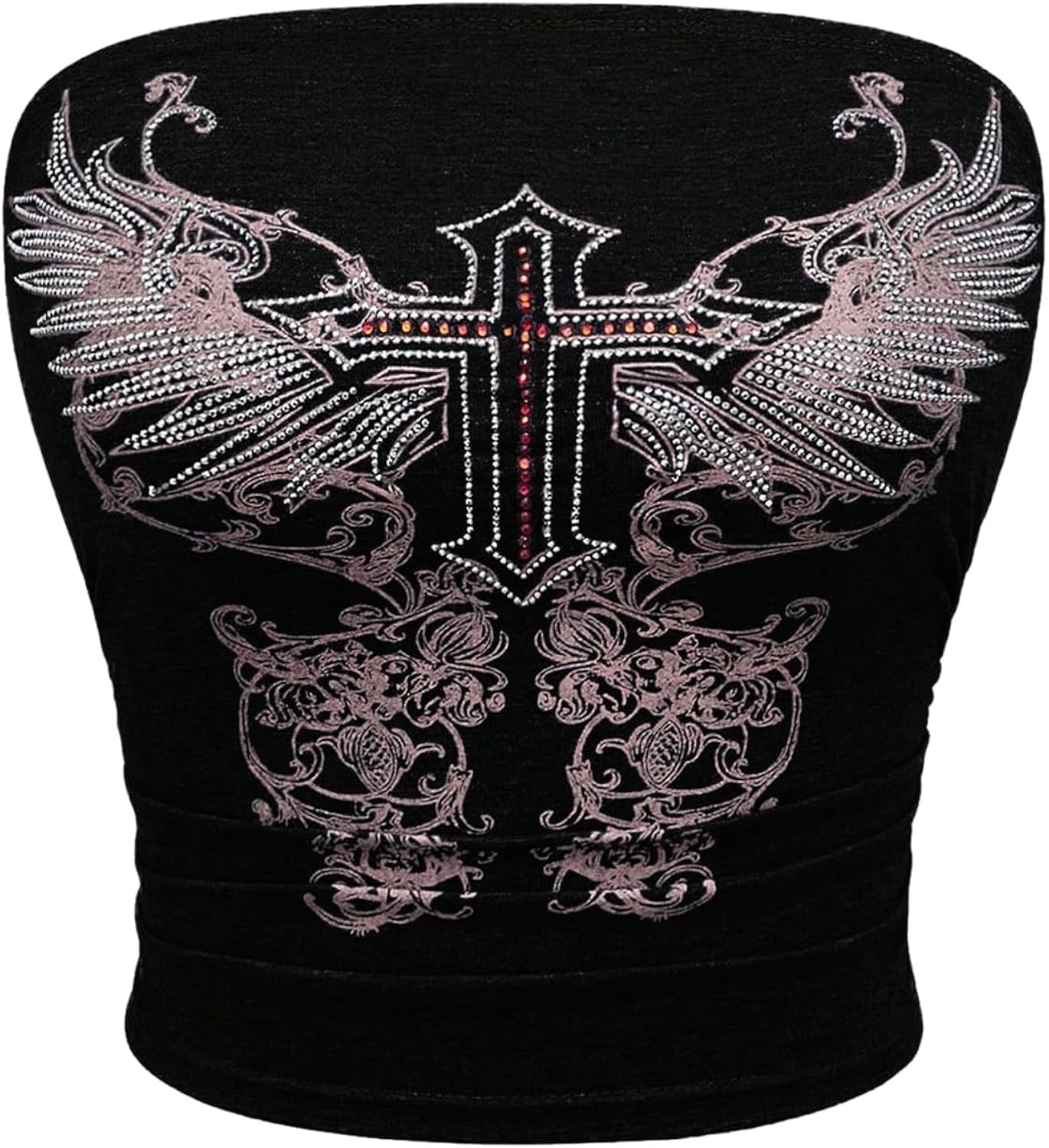 Women's Gothic Graphic Rhinestone Tube Top Strapless Grunge Punk Bandeau Crop Tops