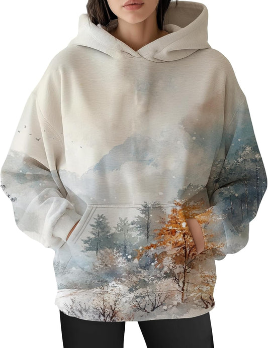 Womens Camo Hoodies Fall Winter Retro Long Sleeve Pullover Tops Casual Maple Leaf Graphic Hooded Sweatshirt Oversized