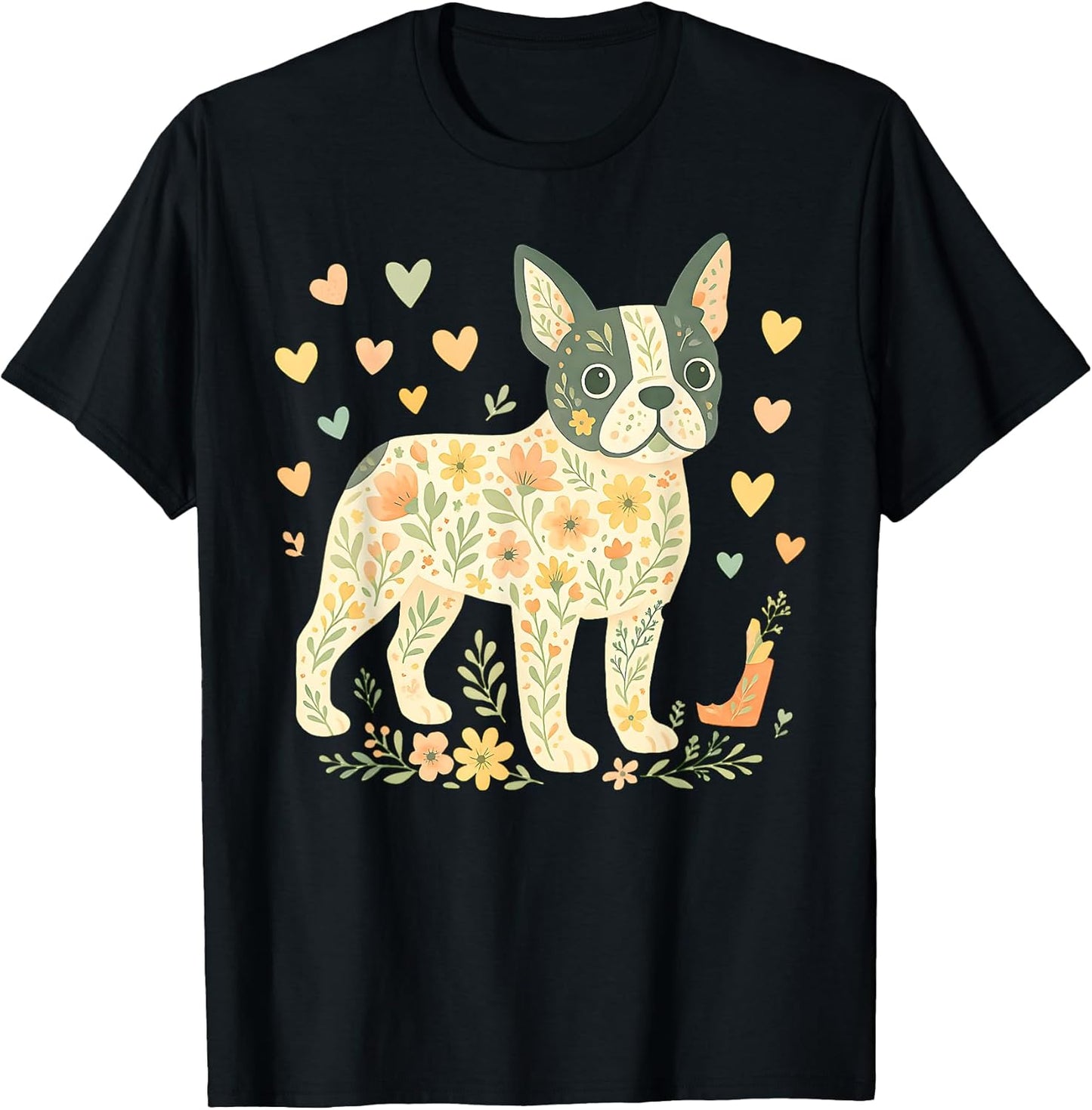 Boston Terrier Floral Shirt Cute Dog Lover Dog Mom T-Shirt for Men Women Kids