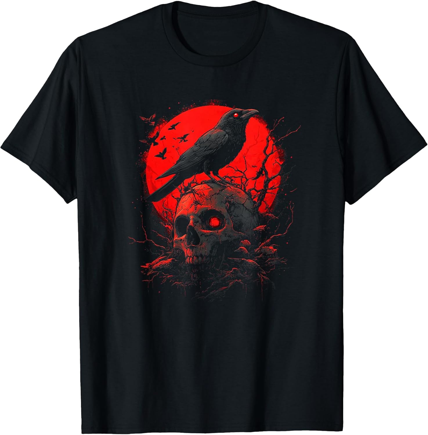 Black Gothic Raven Skull Red Moon Graphic Black Crow T-Shirt
