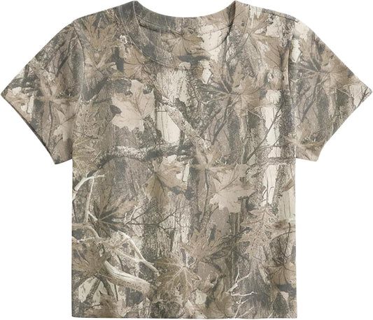 Women Camo Shirt Crop Top Y2K Maple Leaf Graphic Baby Tee Short Sleeve Slim Fit Round Neck T Shirt Streetwear