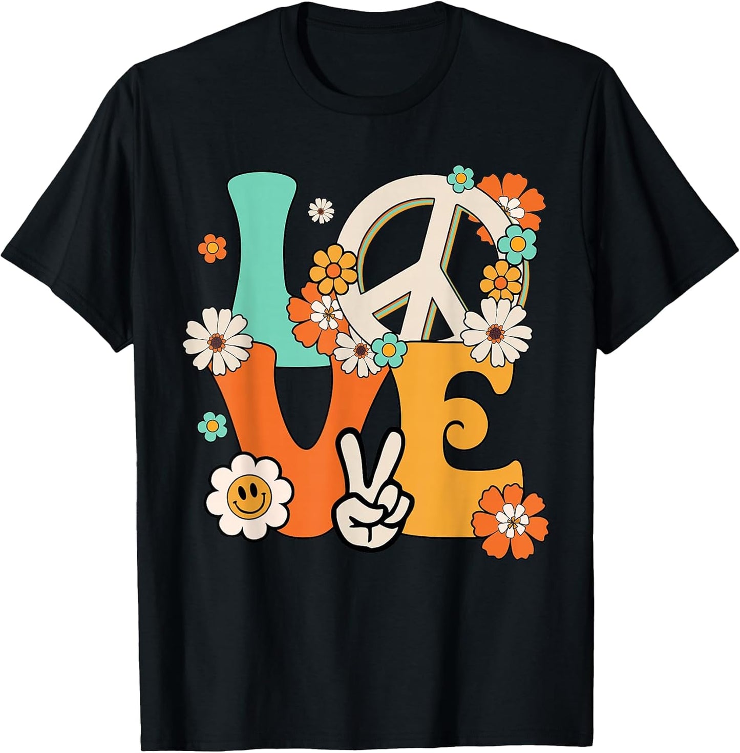 Peace Sign Love 60s 70s Hippie Costume Flowers Women Girls T-Shirt