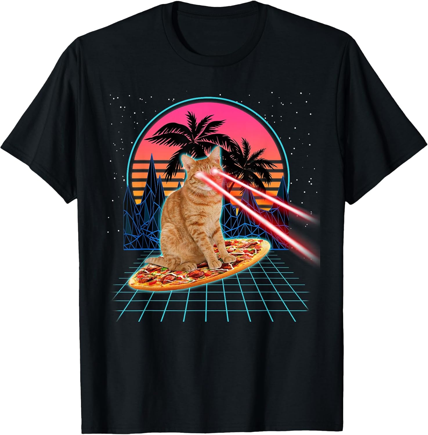 Cat Riding Pizza Laser Eyes 80s Cat In Space Cats Lovers T-Shirt