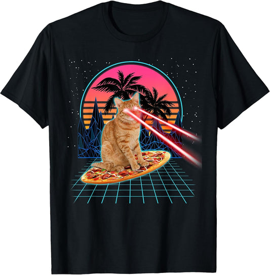 Cat Riding Pizza Laser Eyes 80s Cat In Space Cats Lovers T-Shirt