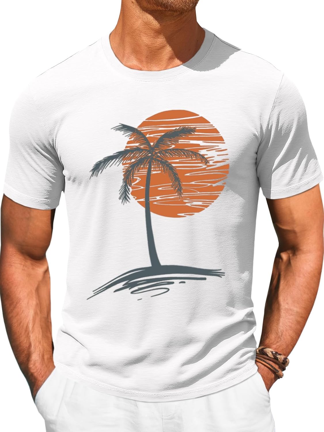 Mens Short Sleeve T-Shirts Crew Neck Casual Shirt Summer Beach Palm Tree Vintage Hawaiian Tees