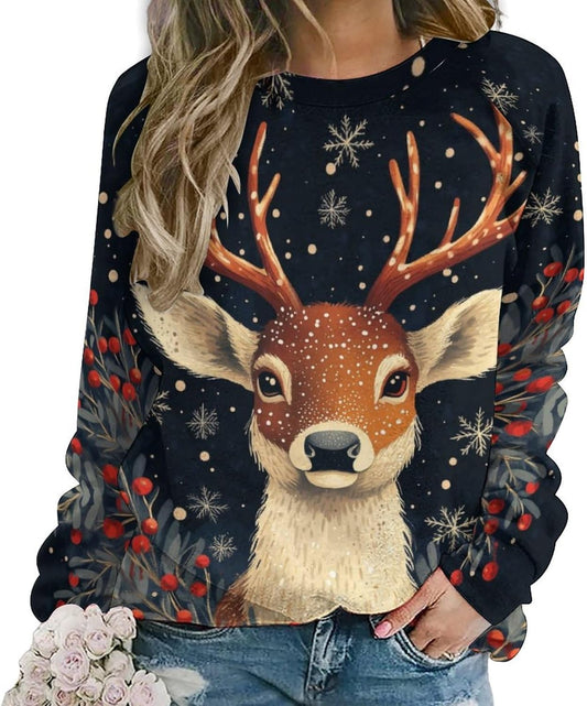 Womens Ugly Christmas Deer Sweatshirts Fashion Xmas Pullover Tops Fall Casual Crewneck Long Sleeve T Shirts Oversized