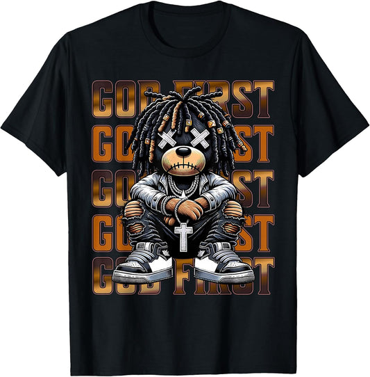 God First Urban Hip Hop Teddy Bear with Dreads Streetwear T-Shirt