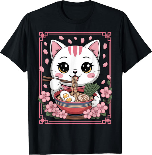 Cute Kawaii Cat Eating Ramen Anime Graphic