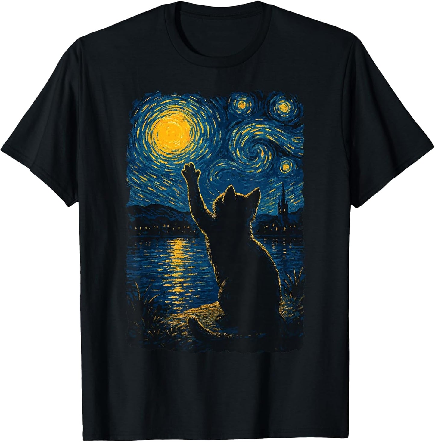 Cat Starry Night Funny Painting Van Gogh Cat Lover Art T-Shirt