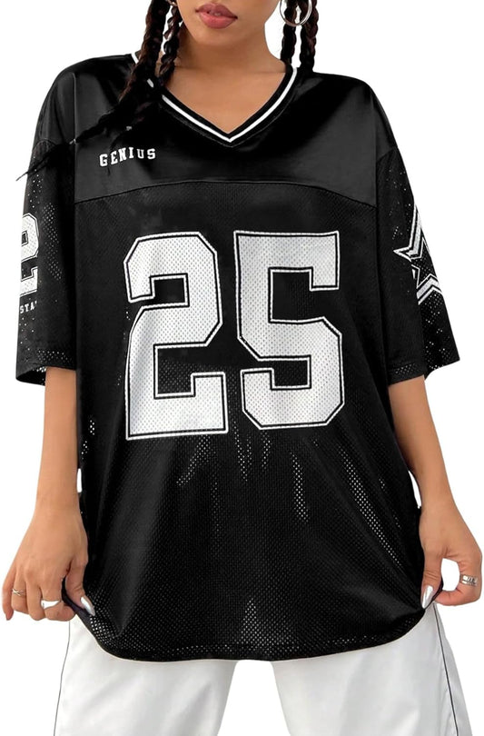Jersey Shirts for Women Y2K Graphic Tees Oversized Streetwear T Shirt V Neck Football Jersey
