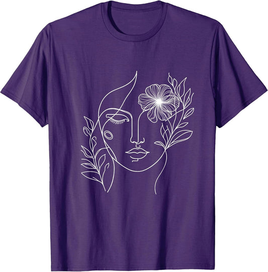 Abstract minimalist woman face line art Floral Artsy Fashion T-Shirt