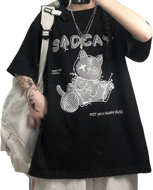 Women's Goth T-Shirt Summer Graphic Harajuku Gothic Creepy Cat Print Novelty Short Sleeve Top