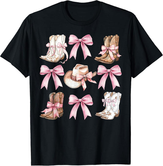 Coquette Cowgirl Boots with Pink Bows Aesthetic Y2K Womens T-Shirt