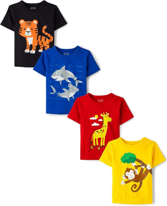 Baby Boys,and Toddler Animal Short Sleeve Graphic T-Shirts,Multipacks,Tiger/Monkey/Giraffe/Sharks 4-Pack,3 Years
