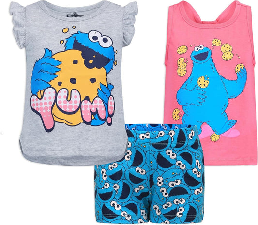 Elmo or Cookie Monster Girls’ T-shirt, Tank Top and Short Set for Infant and Toddler