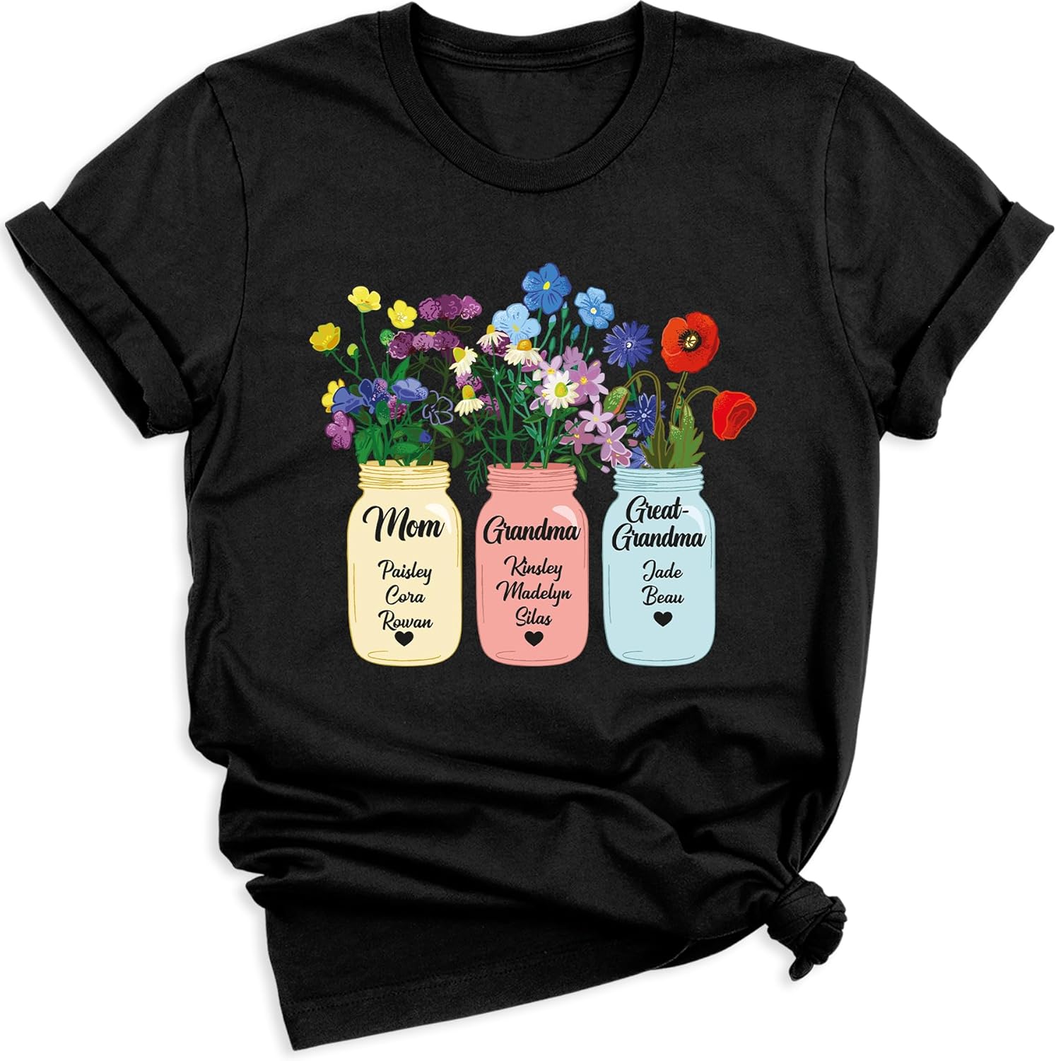Custom Mom Grandma Great Grandma Shirt with Kids Names Personalized Flower Vase T Shirt for Women